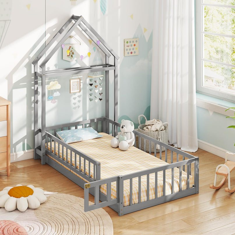 Giantex Twin House Floor Bed for Kids for Girls or Boys
