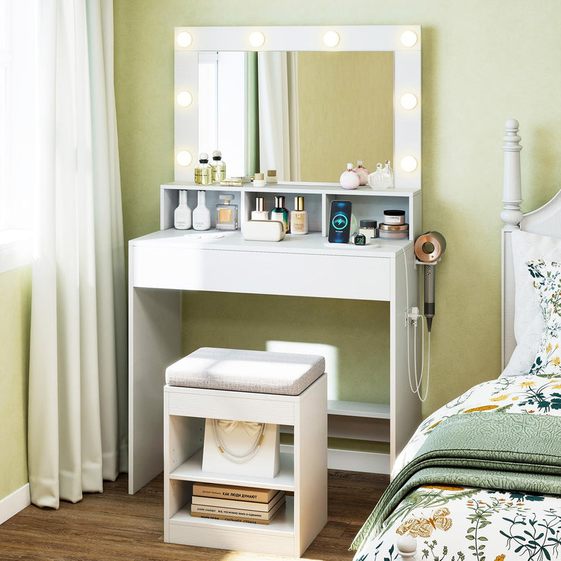 Vanity Desk with Mirror and Lights for Bedroom Small Space