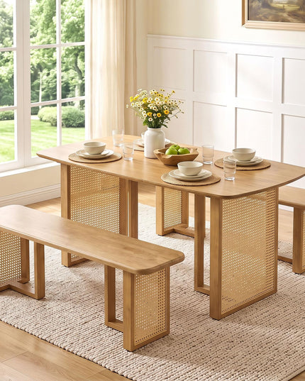 GIANTEX Rattan Dining Table Set for 4 w/ Rubber Wood Kitchen Table & 2 Bench