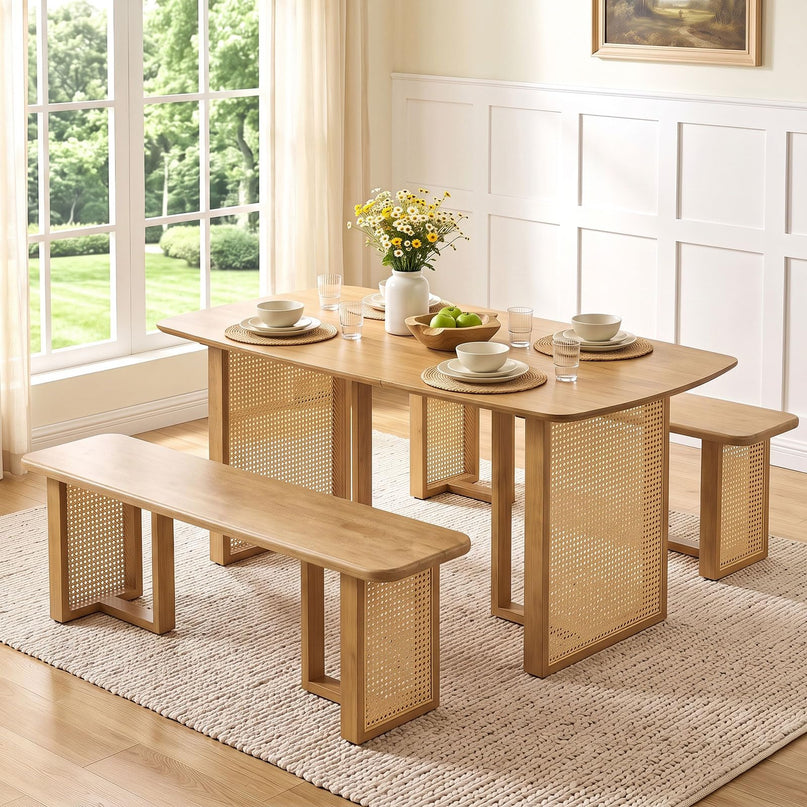 GIANTEX Rattan Dining Table Set for 4 w/ Rubber Wood Kitchen Table & 2 Bench