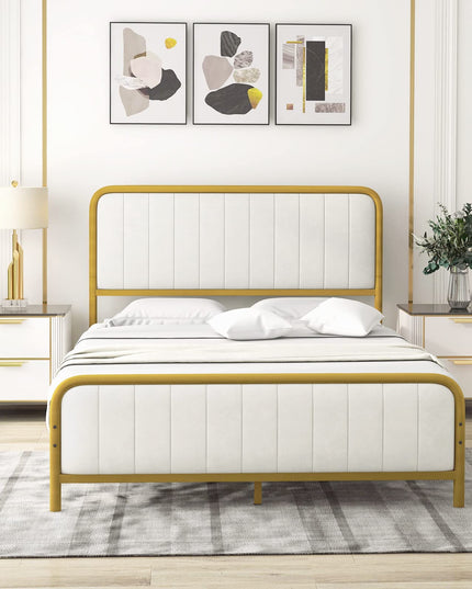 Giantex Twin Size Gold Bed Frame with Velvet Headboard and Footboard, Heavy-duty Metal Slats Support Mattress Foundation