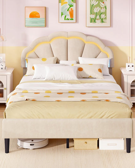 Giantex Full Size LED Bed Frame, Velvet Upholstered Full Platform Bed with Adjustable Cloud Headboard