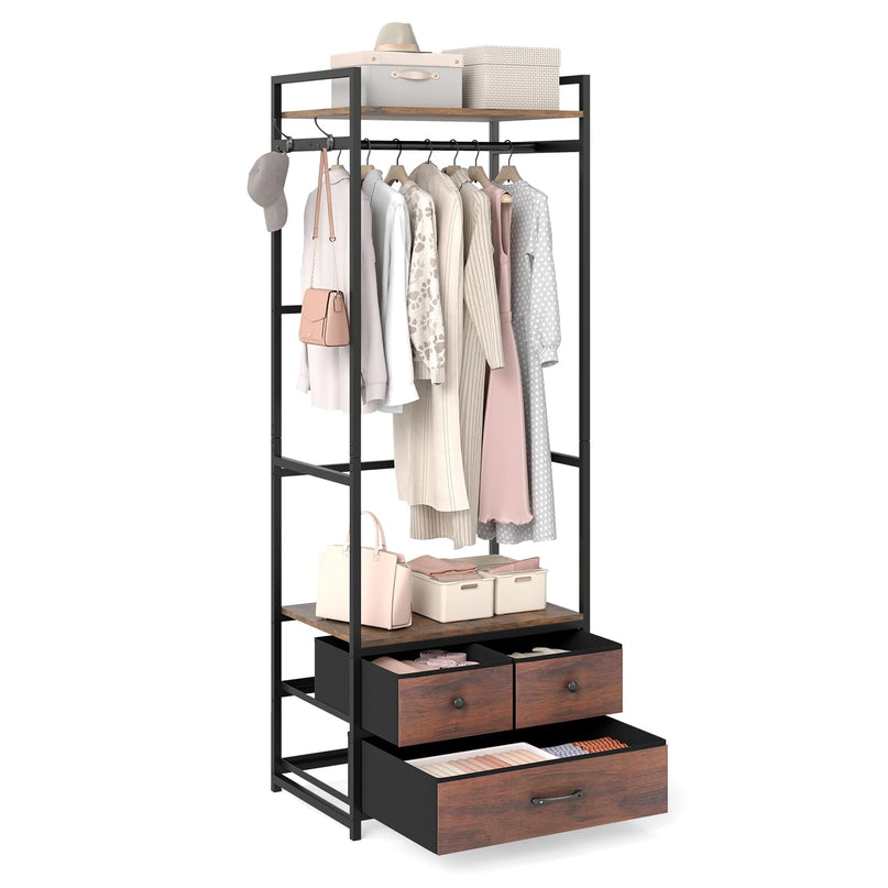 Giantex Clothes Rack with Drawers | Heavy Duty Clothing Garment Rack with Side Hooks and Metal Frame
