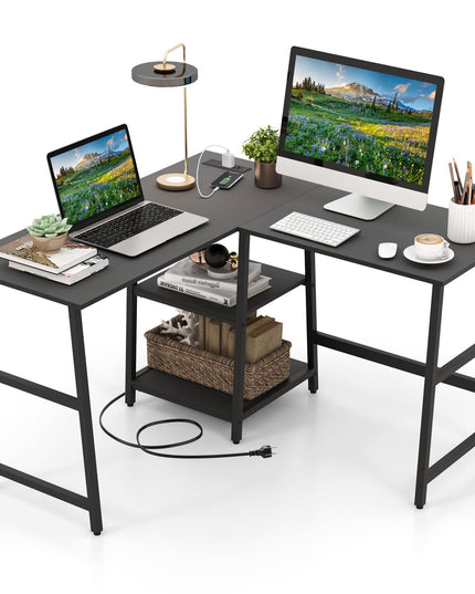 Giantex L Shaped Desk with Power Outlets & USB Ports, 48" Corner Gaming Desk with 2 Tier Storage Shelves