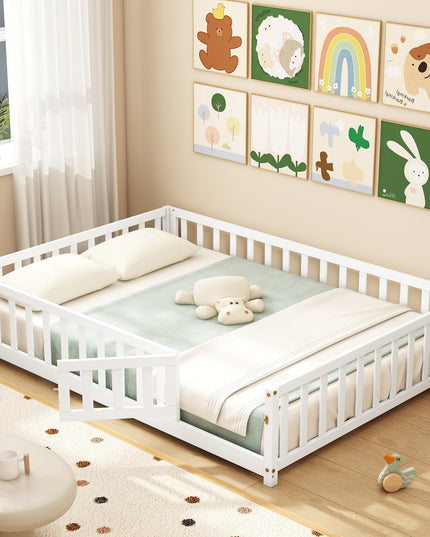 Giantex Full Size Floor Bed for Kids, Montessori Floor Bed with Wood Slats & Safety Guardrails