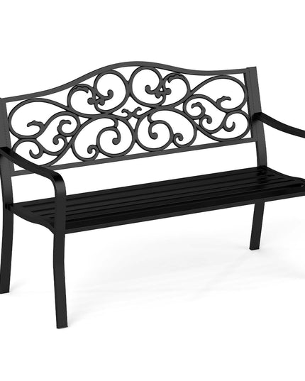Giantex Outdoor Bench with Floral Pattern Ergonomic Backrest & Slatted Surface