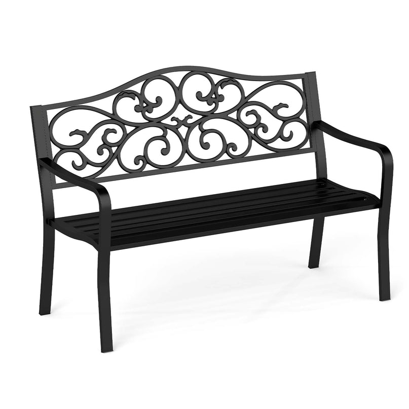 Giantex Outdoor Bench with Floral Pattern Ergonomic Backrest & Slatted Surface