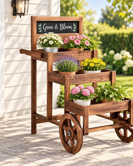 GIANTEX 3-Tier Wooden Plant Stand with Chalkboard & Wheels