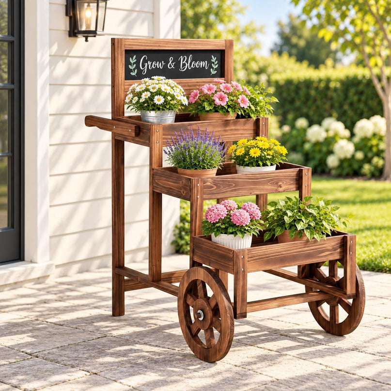 GIANTEX 3-Tier Wooden Plant Stand with Chalkboard & Wheels