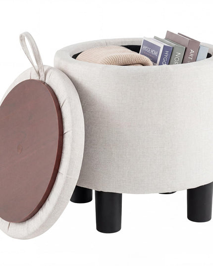 Giantex Round Ottoman with Storage Linen Fabric Upholstered