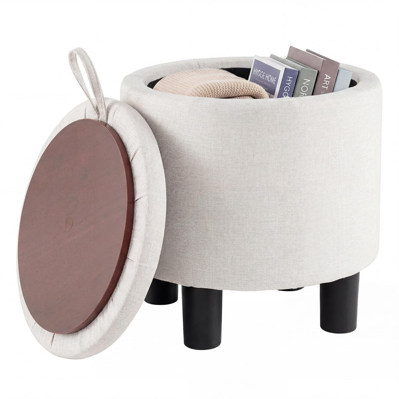 Giantex Round Ottoman with Storage Linen Fabric Upholstered