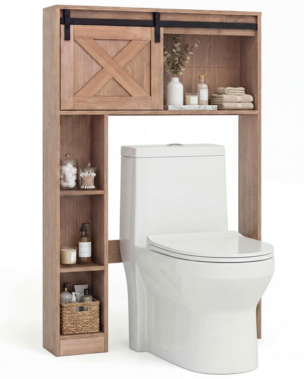 Giantex Over The Toilet Storage Cabinet - Freestanding Bathroom Organizer with Sliding Barn Door & Storage Shelves