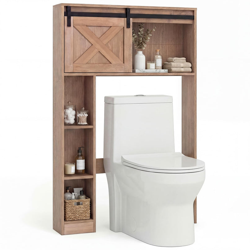 Meuble de rangement sur les toilettes Giantex - Organisateur de salle de bain autoportant avec porte de grange coulissante et étagères de rangement