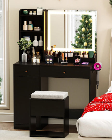 CHARMAID Vanity Desk with Mirror and Lights, Makeup Vanity Desk with Drawers, Shelves, Side Cabinet