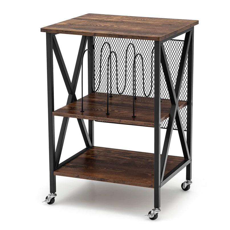 Giantex Record Player Stand, Vinyl Record Storage Table w/ 3 M-shaped Dividers & 4 Rolling Wheels, Rustic Brown
