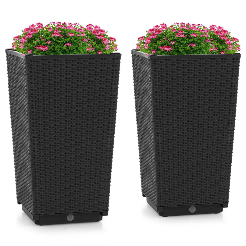 Giantex Outdoor Wicker Flower Pot Set of 2, 22.5” Tall Planters with Drainage Hole, Self-Watering Tray