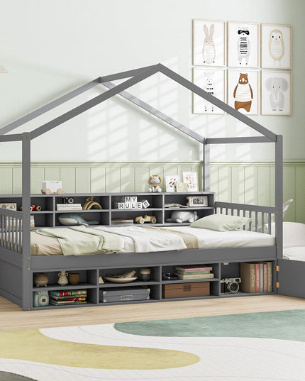 Giantex Twin Size House Bed with Storage, Wooden Montessori House Bed with 14 Storage Cubes