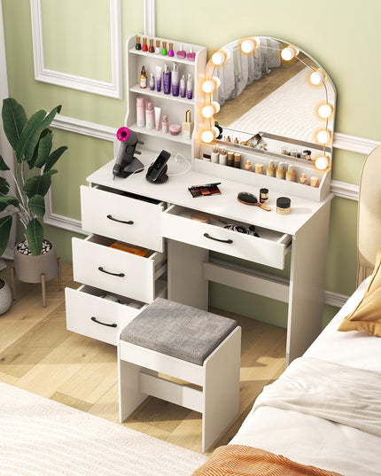 Vanity Desk with Lights - Makeup Vanity Table with Charging Station, 4 Drawers, 3 Storage Shelves