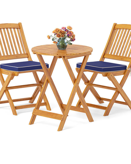 Giantex Patio Bistro Set 3 Pieces, Outdoor Acacia Wood Folding Table & Chairs Set with 2 Padded Cushions