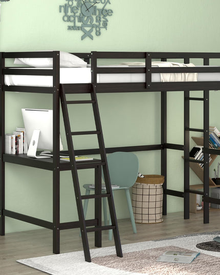 Giantex Twin Size Loft Bed with Desk, Solid Wood Loft Bed with 2 Ladders & Full Length Guardrail