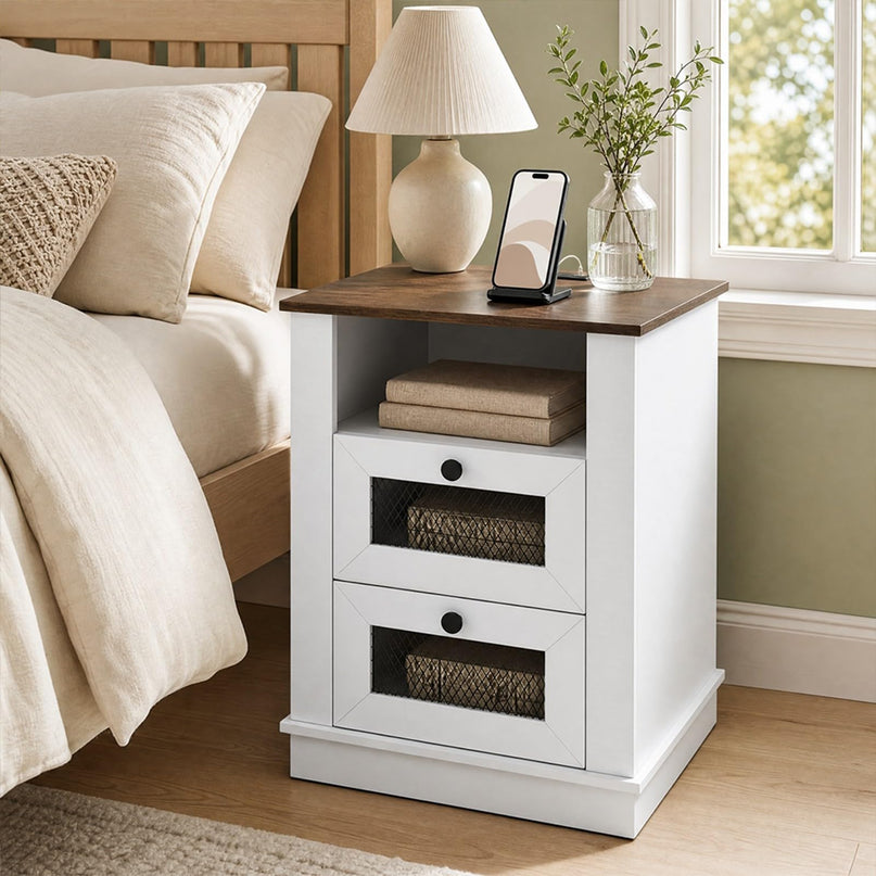 GIANTEX 2-Drawer Nightstand with Charging Station & Open Storage (1/2)