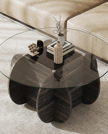 Giantex 35" Glass Round Coffee Table with Storage & Solid Wood Base