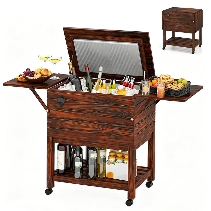 Giantex 54QT Wooden Patio Cooler Cart with Wheels Insulated Rolling Ice Chest with Drain