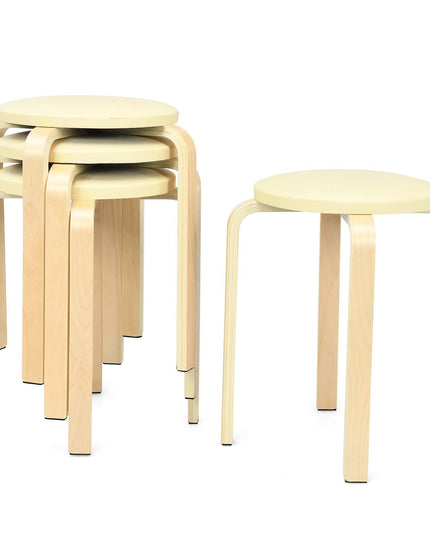 4-Pack Bentwood Stack Stools, 18.5-Inch Portable Stools with PU Leather Round Top, Non-Slip Foot Mats