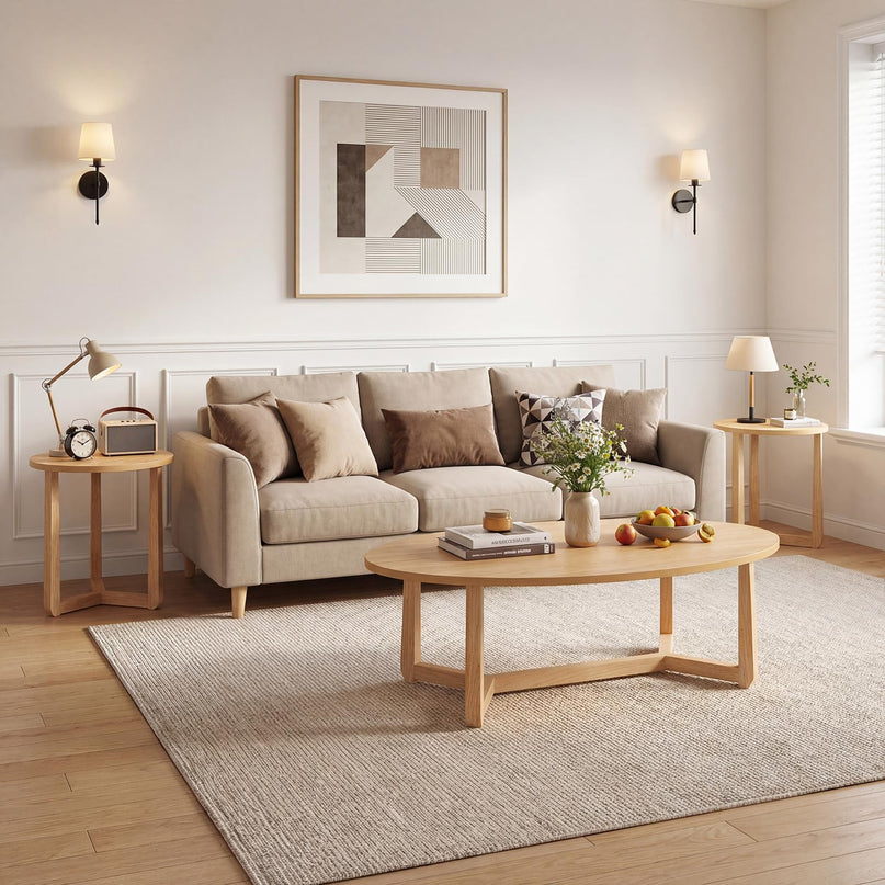 Giantex Oval Coffee Table and End Tables Set of 3 | Mid Century Modern Coffee Table and 2 Round Side Tables