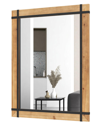 CHARMAID Wall Mirror, Farmhouse Vanity Mirror with Solid Wood Frame, Hanging Hooks