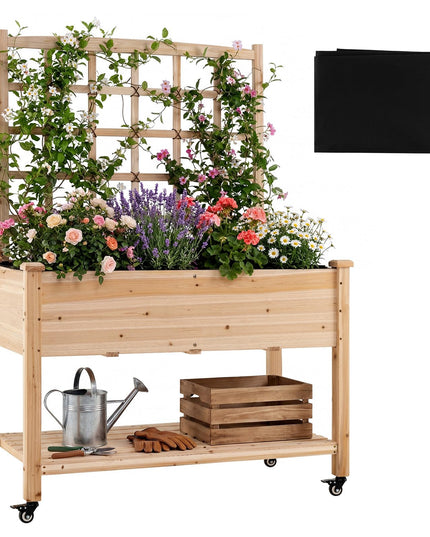 Giantex 65'' Wooden Raised Garden Bed w/Trellis on Wheels (1/2)