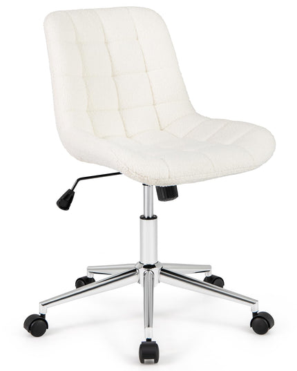 Giantex Armless Office Chair, Modern Faux Fur White Vanity Chair with Wheels & Adjustable Height