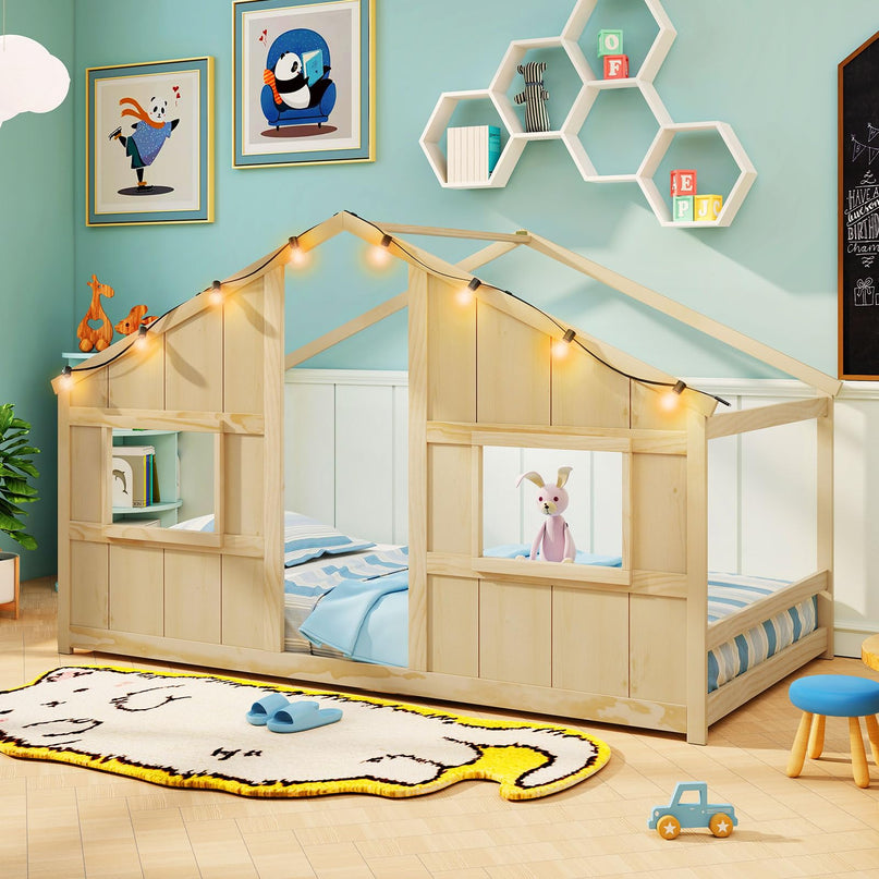 Giantex Twin Kids House Bed with Light Bulbs