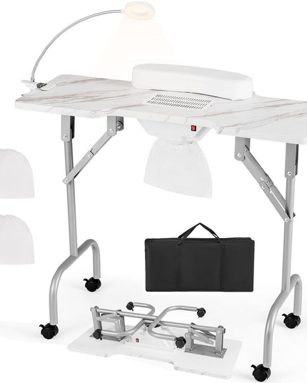 Giantex Foldable Nail Desk - Manicure Table with Built-in Dust Collector Fan, Adjustable LED Lamp