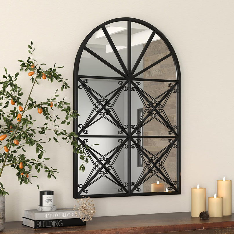 CHARMAID Arched Window Pane Mirror - 34"x23" Arch Wall Mounted Decorative Mirror