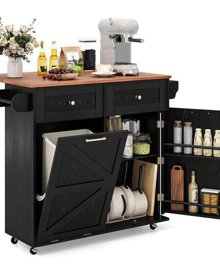 Giantex Kitchen Island Cart with Hidden Tilt Out Trash Can Cabinet, Drop Leaf, 2 Drawers, Towel Rack