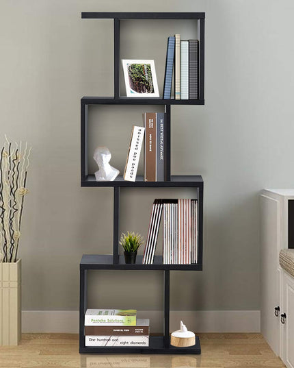 4 Tier Bookshelf S Shaped Bookcase, Multifunctional Wooden Display Decor Furniture