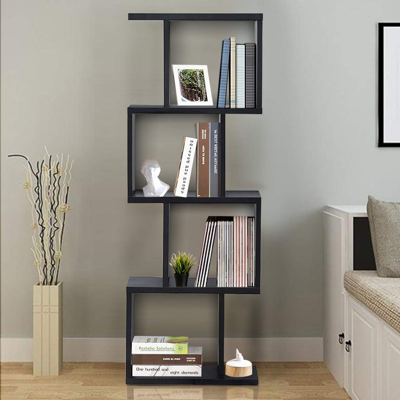 4 Tier Bookshelf S Shaped Bookcase, Multifunctional Wooden Display Decor Furniture