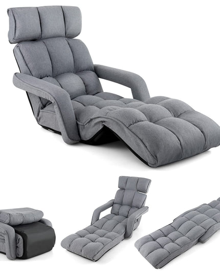 Giantex Foldable Lazy Sofa Bed, 6-Position Adjustable Floor Chair Chaise Lounge with Armrest and Footrest (Gray)