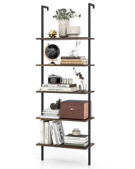 Giantex 5 Tier Modern Wall Mounted Bookshelf, 71'' White and Gold Wood Bookcase with Steel Frame