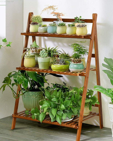 Giantex 3 Tier Folding Storage Shelf, Bamboo Ladder Plant Stand