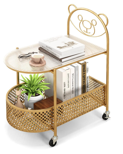 Giantex Mobile Glass Coffee Table, 2-Tier Modern Cocktail Table with Bear Pattern, Storage Basket & Metal Frame