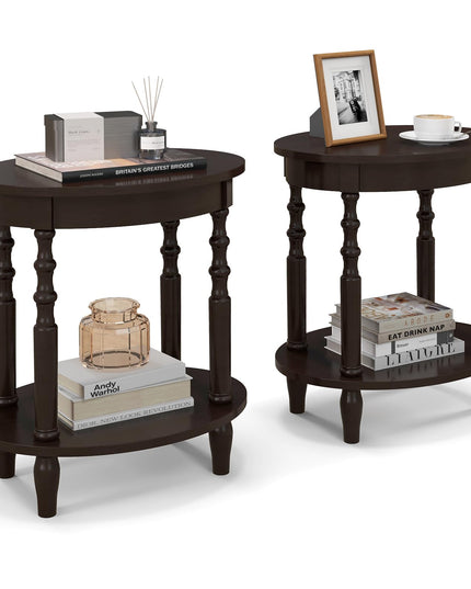Giantex End Table with Storage Shelf Set of 2, 24.5" Oval Round Side Table with Solid Wood Legs