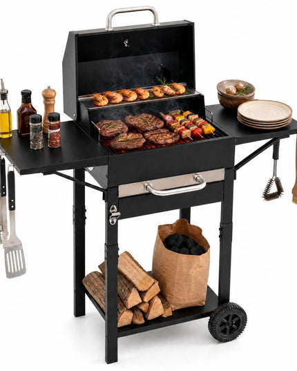 Giantex Charcoal Grill with 2 Side Tables for Backyard Picnic Party Camping