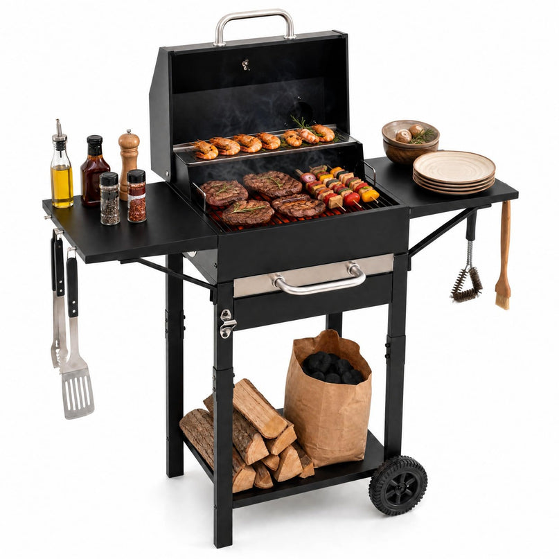 Giantex Charcoal Grill with 2 Side Tables for Backyard Picnic Party Camping