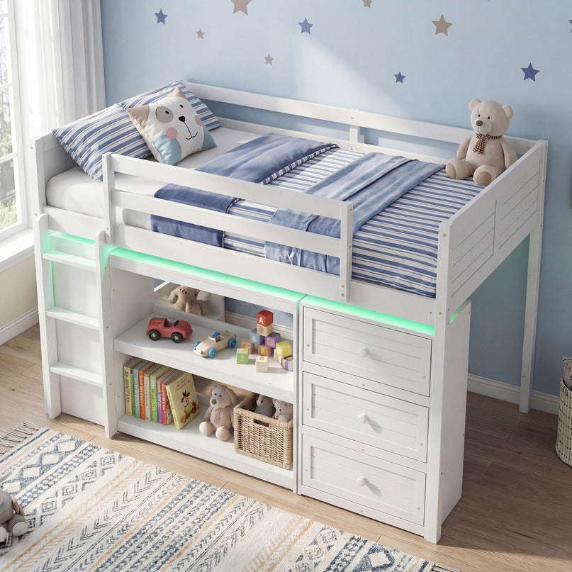 Giantex Loft Bed Twin Size with LED Lights for Boys Girls