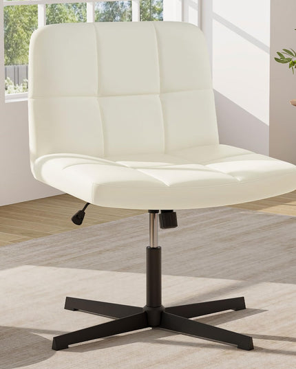 Giantex Criss Cross Chair, PU Leather Cross Legged Office Chair No Wheels, Height-adjustable Swivel Vanity Chair with U-shaped Seat