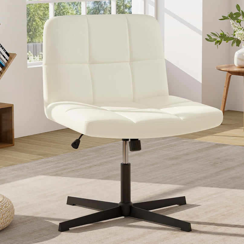 Giantex Criss Cross Chair, PU Leather Cross Legged Office Chair No Wheels, Height-adjustable Swivel Vanity Chair with U-shaped Seat