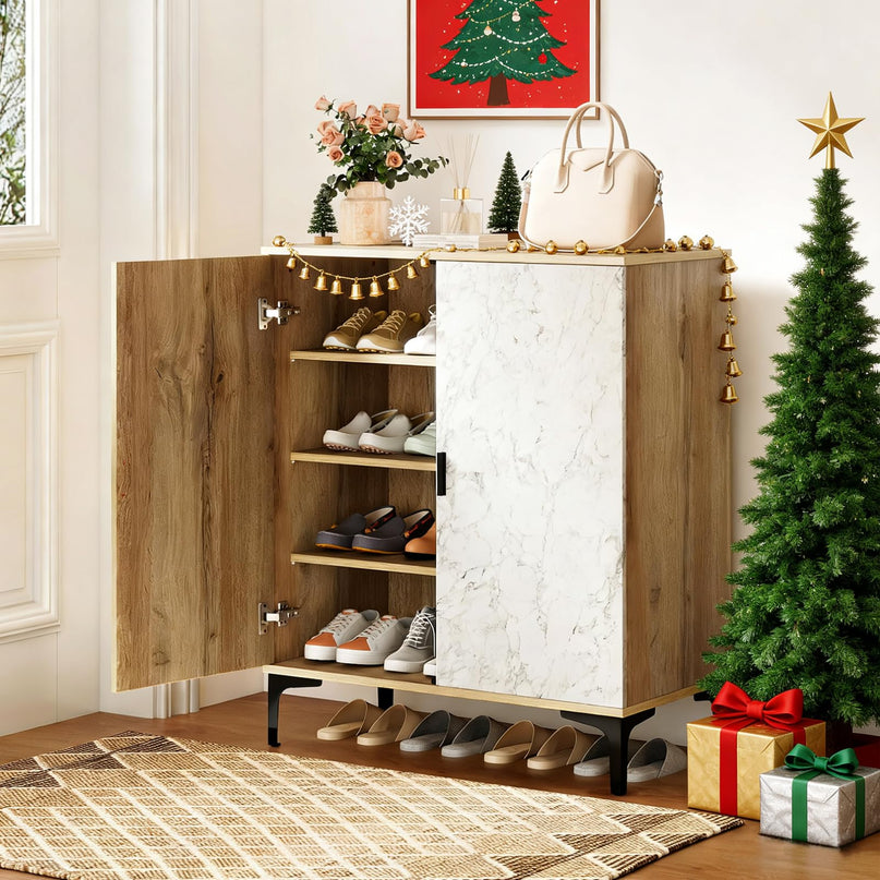 Giantex 4-Tier Wooden Shoe Rack Cabinet W/Marble Pattern Doors for Entryway Hallway