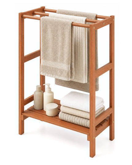 3-Bar Wood Towel Rack Freestanding with Bottom Storage Shelf
